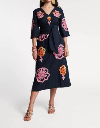 Frances Valentine Emi Embroidered Dress In Graphic Gerbera Navy Pink Print