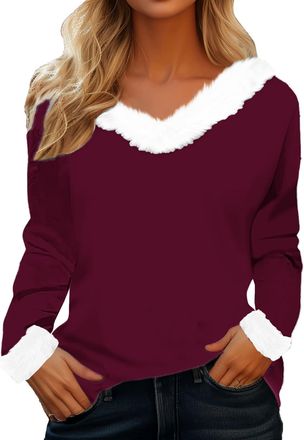 Generic Womens Christmas Party Jumper with Faux Fur Trim | Dressy V Neck Long Sleeve Top for Holiday Gatherings Blouse Business Casual Tunic Top Loose Fit Wor