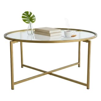 Dmora Dmora - Mesa De Caf&eacute; Cursa, Mesa De Centro Baja, Revistero Para Sof&aacute;, Estante De La Sala De Estar, 83x83h40 Cm, Oro, Con Embalaje Reforzado