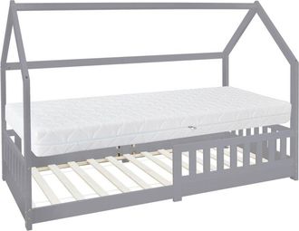ML Design Ml-design - Cama Infantil Montessori con Forma de Casa de Madera de Pino Gris Claro con Colchón 90 x 200 cm de Espuma Fría Hipoalergénico Estructura