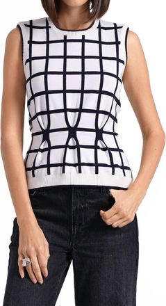 Minnie Rose Windowpane Pleated Sleeveless Top In White/navy