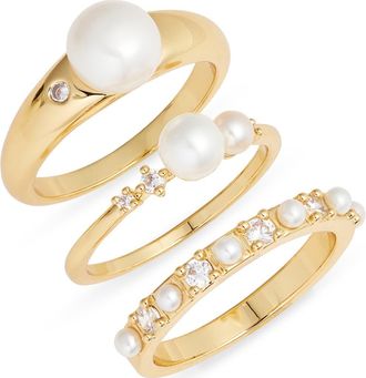 Nordstrom Set of 3 Demi Fine Freshwater Pearl & Cubic Zirconis Rings in 14K Gold Plated at Nordstrom, Size 8