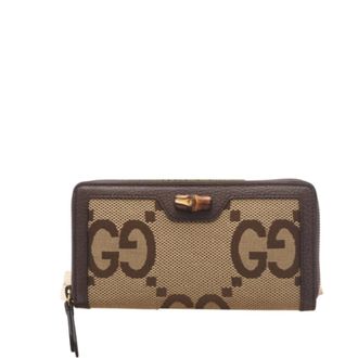 Gucci Beige Brown Canvas Leather Long Wallet (Bi-Fold) (Pre-Owned)