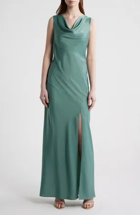 Wayf Lea Cowl Neck Satin Gown in Moss at Nordstrom, Size X-Small