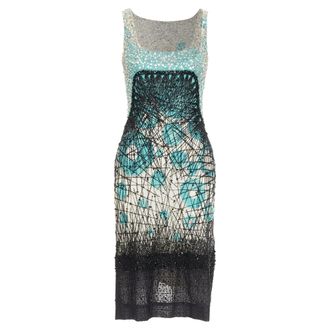 Carolina Herrera teal green cream black silk fully beaded crystal dress US2 S