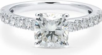 Grown Brilliance 2 1/2 Carat Cushion Lab Grown Diamond Engagement Ring in 14K White Gold, Round Side Stone, G Color, VS Clarity, Gift Box Included