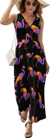 Generic Rainbow Colour Flamingo Women Dresses Print Maxi Dress Casual Long Beach Sundress XL