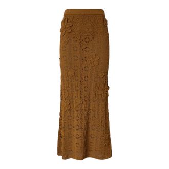 Pinko Maxi Skirts, female, Brown, Size: XS Midi Crochet Skirt with Applied Flowers