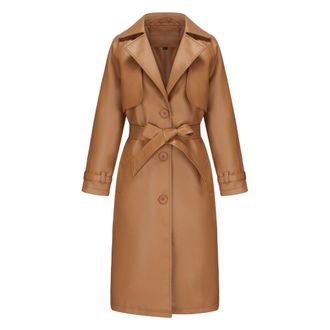 Generic Womens Maxi Length Oversized Trench Coat Belted PU Leather Jacket with Notch Lapel Long Flowy Faux Leather Coat (S-XXL) (Camel,M)