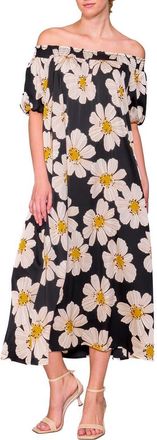Melloday Floral Off the Shoulder Puff Sleeve Satin Dress in Black Multi at Nordstrom Rack, Size X-Large