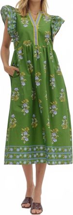 Entro Split Neck Floral Framed Midi Dress In Green