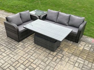 Fimous Outdoor Rattan Garden Furniture Sets Height Adjustable Rising lifting Dining Table Lounge Sofa Set With Side Table in Dark Grey