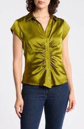 Daniel Rainn Ruched Satin Button-Front Cap Sleeve Blouse in Golden Cypress at Nordstrom Rack, Size X-Large
