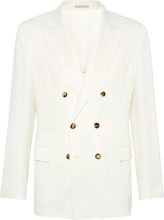 Brunello Cucinelli D&eacute;lav&eacute; Linnen en Zijde Twill Jas - Heren - Blazers - Wit - L - Linnen - Jassen