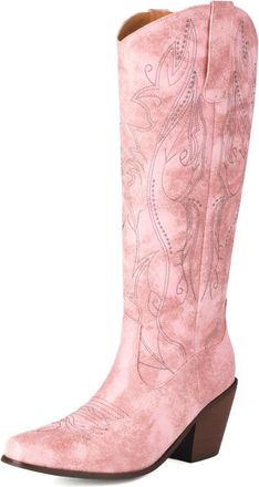 Generic Womens Western Knee-High Boots Pointed Toe Faux Leather Rhinestone Embroidery Wedge Heels Soft Lining Durable Non-Slip Stylish Elegant Design,Pink,4.5