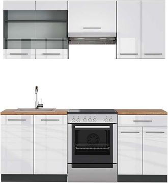 Vicco Mueble De Cocina Fame-line, Blanco Brillo/antracita, 200 Cm, Et Roble, Vicco
