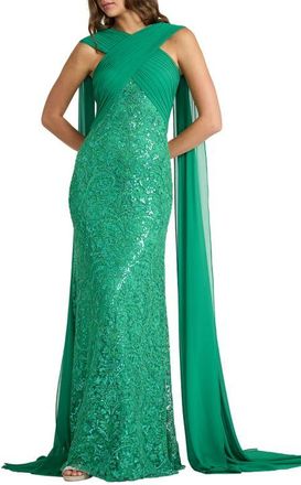 Tadashi Shoji Sequin Lace Cape Halter Gown in Ancient Jade at Nordstrom, Size 10