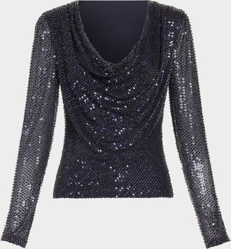 Ramy Brook Leon Sequined Cowl-Neck Blouse
