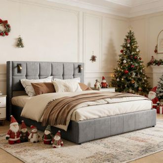 OEM Cama Lit 140x190 Con Somier, Pocketpop, Cama 140x190 Con Almacenamiento, L&aacute;mpara De Lectura, Terciopelo, Gris