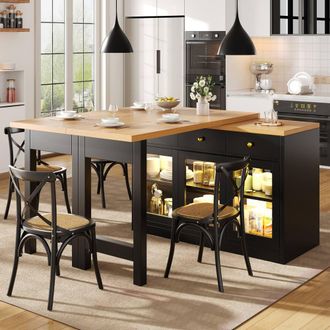 Merax Kitchen Island with LED Glass Doors & Drop-Leaf Bar Dining Table in Black