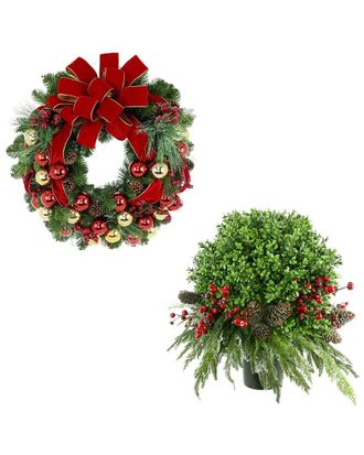 Creative Displays Inc. Modern Holiday Set With 26In Christmas Wreath & Uv-Rated Boxwood Drop-In