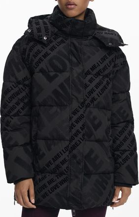 Desigual Flocked Print Quilted Puffer Jacket with Removable Hood in Black at Nordstrom, Size X-Small