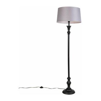 QAZQA Qazqa Cl&aacute;sico/antiguo L&aacute;mpara De Pie Negra Con Pantalla De Lino Gris 45 Cm - Classico Madera /acero /textil Alargada /redonda Adecuado Para Led Max. 1