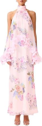 Elliatt Millie Floral Appliqu&eacute; Tiered Halter Neck Gown in Pink Multi at Nordstrom, Size Xx-Small