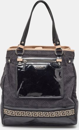Versace Black/beige Medusa Print Fabric And Patent Leather Front Pocket Tote