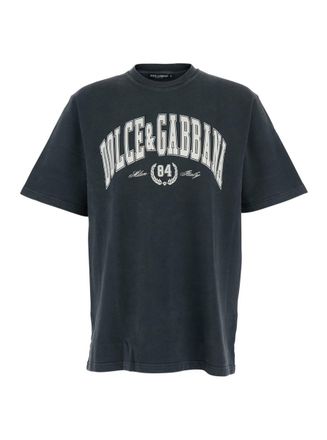 Dolce & Gabbana Dark Grey Crewneck T-Shirt With Logo Lettering Print On The Front In Cotton Man