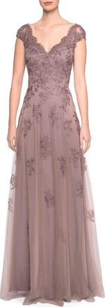 La Femme Short Sleeve Lace Gown with Cascading Embellishments in Cocoa at Nordstrom, Size 18