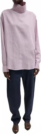 Tibi Silk Tencel Striped Funnel Neck Shirt In Pink Multi