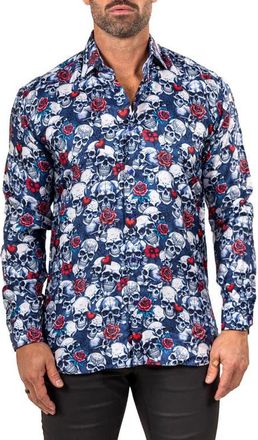 Maceoo Fibonacci Mathyr0242 Blue Skull Print Button-Up Shirt at Nordstrom, Size 7