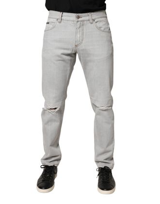 Dolce & Gabbana Mens Light Gray Ripped Cotton Regular Denim Jeans Clothing
