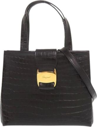 Ferragamo Pre-owned Handbags, female, Black, Size: ONE SIZE Pre-owned Embossed Leather Handbag