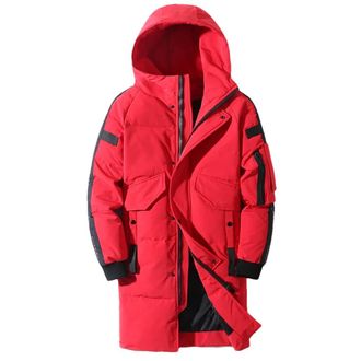 Generic Winter Mens Down Jacket Hooded Long Down Coat Men Windproof Waterproof Thick Warm Mens Clothing Long Parka Red M