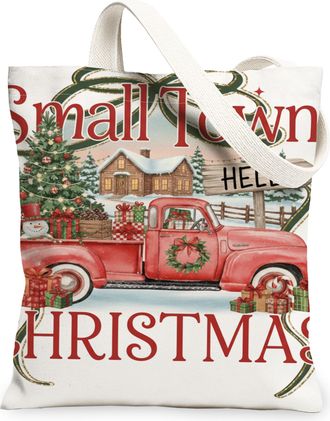 Generic Christmas Truck Canvas Tote Bags, Vintage Holiday Design Reusable Grocery Bags, Lightweight Washable Shoulder Strap Canvas, Red, 13x15 Inch