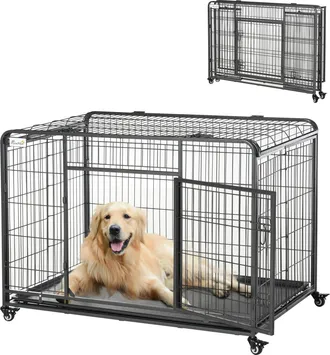 OEM Jaula Para Perros Plegable De Metal Jaula Para Perros Grandes 125x76x81 Cm Con Ruedas Y Frenos Bandeja Extra&iacute;ble Y Puerta Con Pestillos Para Golden Re