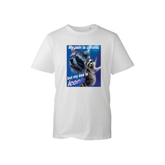 Generic Funny Raccoon Meme T-Shirt - My Pain is Chronic But Iconic Graphic Tee Sarcastic Novelty Shirt Internet Humor Top (White, L)