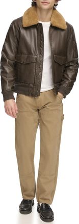 Tommy Hilfiger Mens Leather Bomber Jacket, Dark Brown Faux Fur Collar, XL