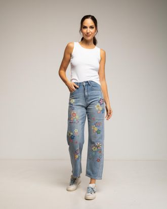Tantra High-waist recht model jeans met geschilderde bloemen en patronen op de voor- en achterkant