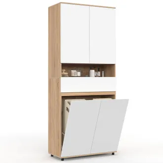 IDMarket Mobile Bagno Tomi 4 Ante 2 Cesti Portabiancheria Estraibili 1 Cassetto Finitura Faggio E Bianco