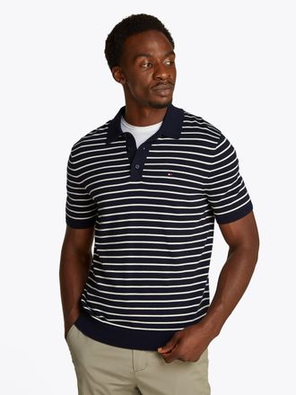 Tommy Hilfiger Poloshirt TOMMY HILFIGER ESSENTIAL COTTON KNITTED, Herren, Gr. L, blau (desert sky, ivory petal), Strick, Obermaterial: 100% Baumwolle, Rippb&uuml;ndchen, 