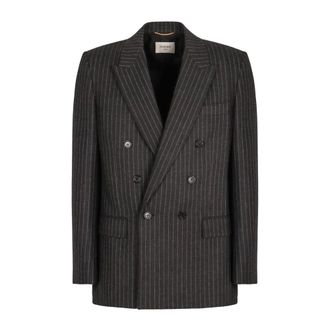 Saint Laurent Double-Breasted Pinstripe Blazer - female - Saint Laurent - Blazers - Gray - L - Jackets