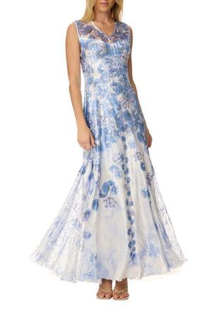 Komarov Floral Border Maxi with Lace Up Back in Indigo Vine at Nordstrom, Size Small