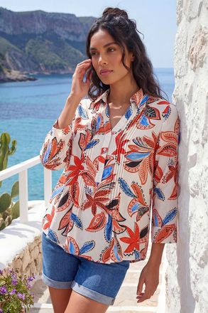 Roman Leaf Print Pintuck V-Neck Top