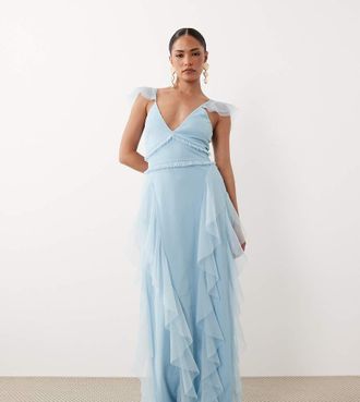 Lace & Beads Petite Vestito lungo in tulle celeste con volant-Blu