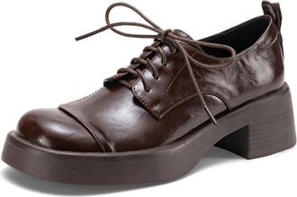 Generic Womens Thick Platform Oxfords Cap Toe Lace-Up Block Heel Smooth Upper Adjustable Laces Pull Tab Stitched Detail Comfortable Durable Shoes,Brown,7.5 UK