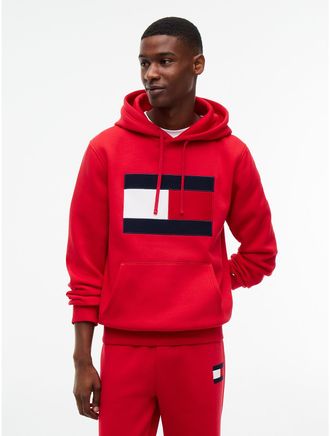 Tommy Hilfiger Mens Flag Logo Brushed-Back Hoodie - Medium Red - XXXL