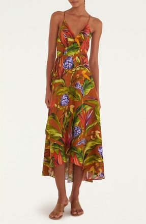 Farm Rio Floral Linen Wrap Dress in Brown at Nordstrom, Size Xx-Small